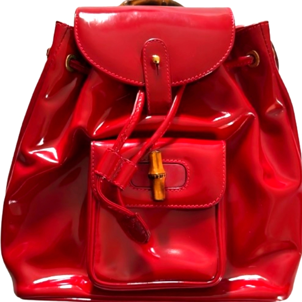Gucci Bamboo Backpack Patent  Leather Luxurious Design with COA & Dust Bag